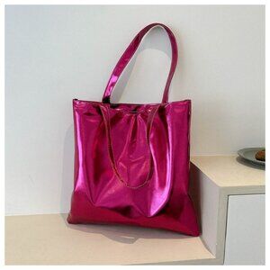 Women's Large PU Leather Square Zipper Tote Bag Metallic Pink